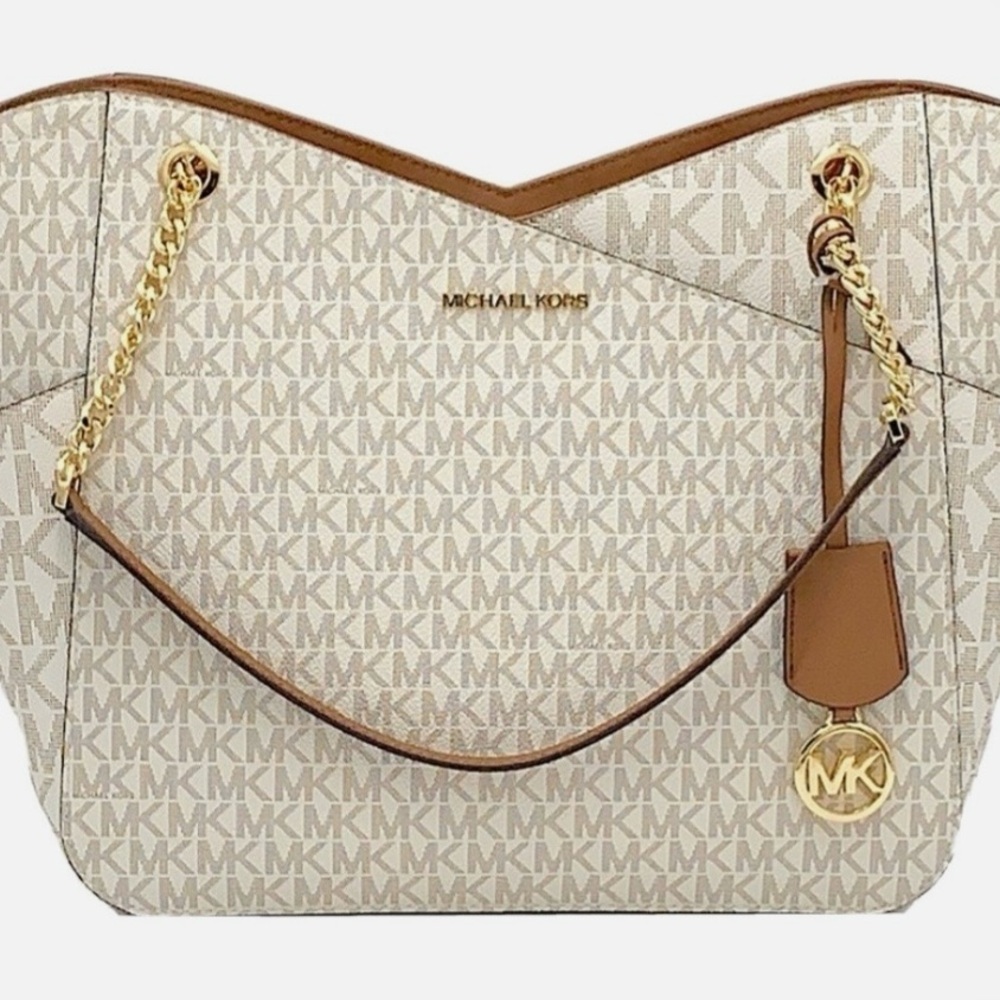 Michael Kors Jet Set Travel Large Chained Tote Shoulder Bag MK Vanilla NWOT